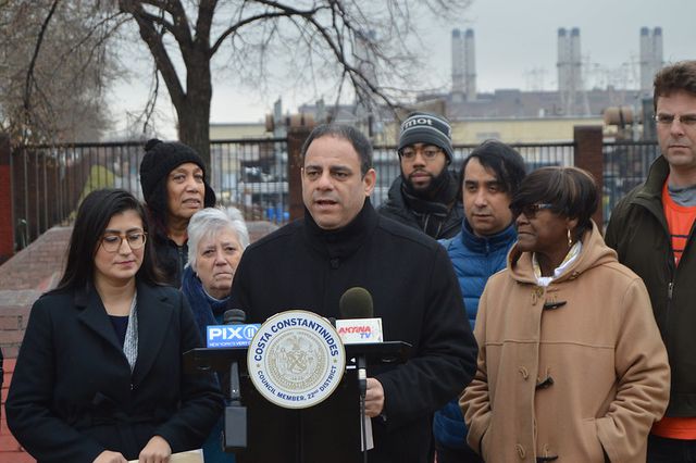 Councilmember Costa Constantinides (at podium), chair of the Committee on Environmental Protection, with fellow Astoria leaders and environmental activists to call on the city to assess whether gas-fired power plants can be closed.